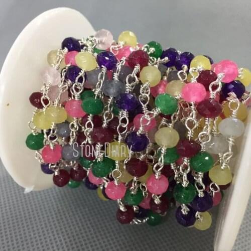 4x6mm Silver Finish Faceted Rondelle Beads Mix Color Jades Rosary Style Chain RC5000