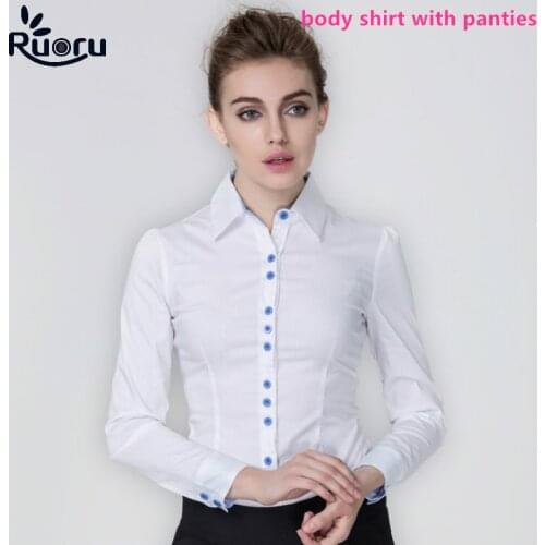 Ruoru Korean Fashion Slim White Ladies Office Shirts Body Blouse Shirt Casual OL BodySuit Office Tops Long Sleeve Female Shirt