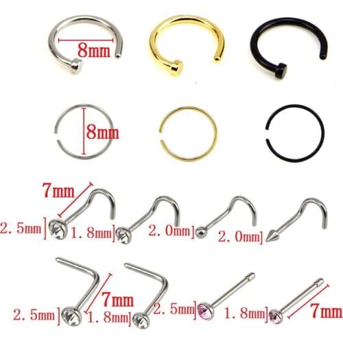 Heart Nostril Piercing Set Straight Pin Body Piercing Jewelry Stainless Steel Crystal Nose Stud Pack L Shape Nose Rings Set