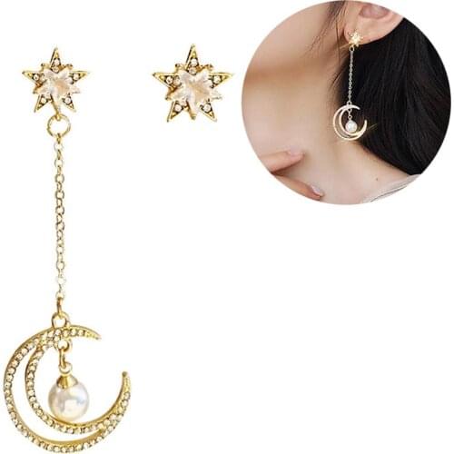 Women Cubic Zirconia Moon Star Dangle Asymmetric Ear Stud Earrings Jewelry Decor Accessory Gift For Women