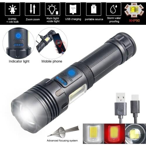 LED Rechargeable Tactical Flashlight COB Zoomable Waterproof Torch Lantern Camping Powerful Flash lights 4 Core XHP70.2