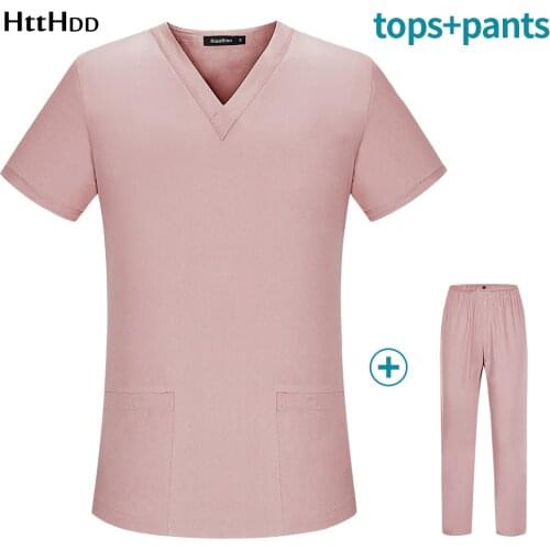 Pure Color Medical Uniform Operating Room Female Mens Two-piece Hospital Dental Pet Shop Veterinarian Summer Scrubs Overalls