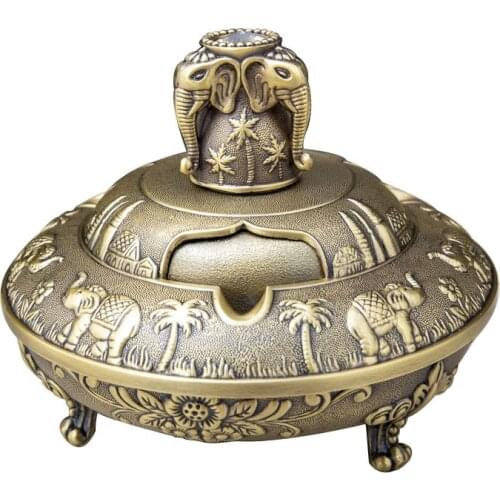 Vintage Metal Decorative Windproof Round Ashtray with Lid Elephant Cigarettes Ashtray for Men birthday gift