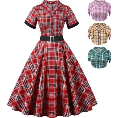Summer Yellow British Plaid Vintage Dress Turn Down Neck Belt Short Sleeve Swing Party Robe Rockabilly 50s Retro Vestidos