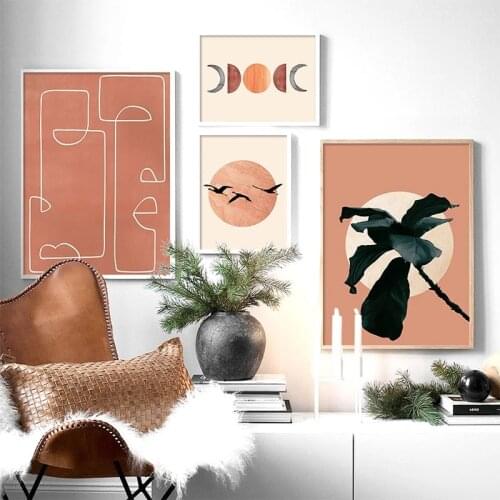 Abstract Orange Sun Moon Plant Lines Canvas Painting Wall Art Nordic Posters and Prints Wall Pictures for Living Room Decoration