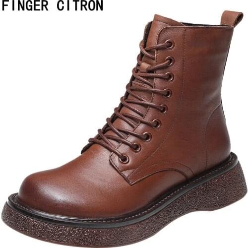 Finger Citron Women Classic Anckle Boot Genuine Cow Leather Big Round Toe Rubber Outsole By Handmade Lady Style Size:35-40