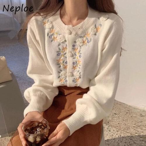 Neploe Flower Embroidery Knitted Cardigans Korean Chic Single Breasted Long Sleeve Sweaters Sweet O Neck Soft Coats 1E783