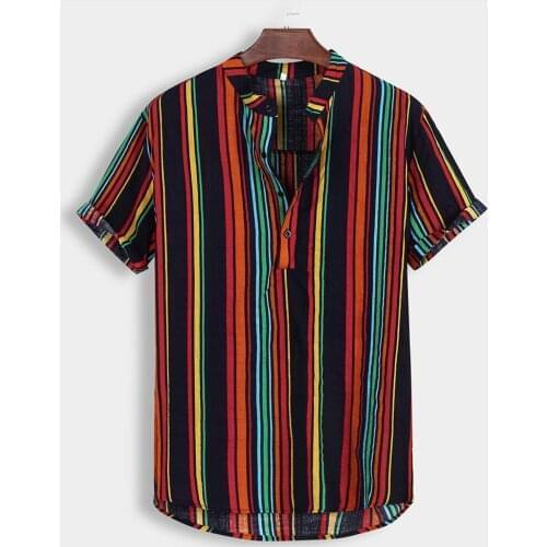 Summer Fashion Men Hawaiian Shirt Stand Collar Buttons Cotton Short Sleeve Beach Blouse Tee Tops Streetwear Chic Vacation Camisa