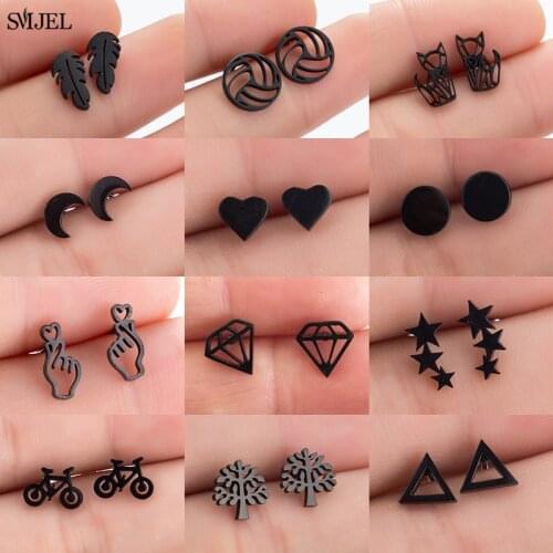 Mutiple Style Punk Small Black Earrings for Women Men Stainless Steel Cat Triangle Earrings Star Moon 2021 Fashion Jewelry Stud