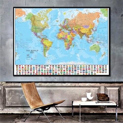 Non-woven The World Political Map with National Flags Unframed Map of The World Posters and Prints Canvas Paintings for Culture