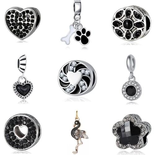 2021 New Bead Alloy Heart Owl Charm Safety Chain Black Enamel Fit Original Pandora Bracelet Bangle Necklace DIY Women Jewelry