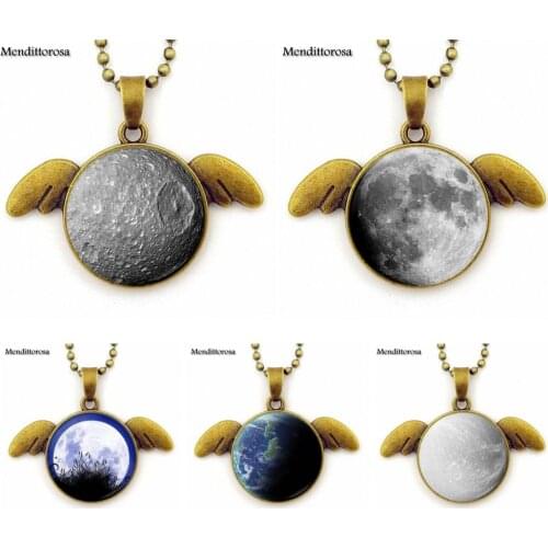 For Women Girls Handmade Necklace Punk Jewelry With Glass Cabochon Choker Long Bronze Angel Wings Pendant Necklace Star Moon