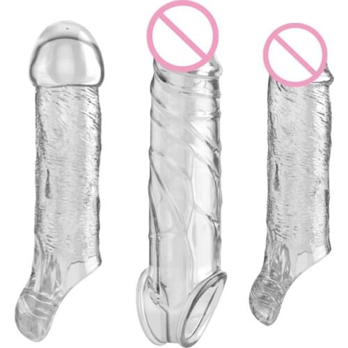 Man Nuo Transparent Penis Enlargement Sleeve Reusable Condoms Male Penis Extender Delay Ejaculation Cock Sleeve Sex Toys for Men