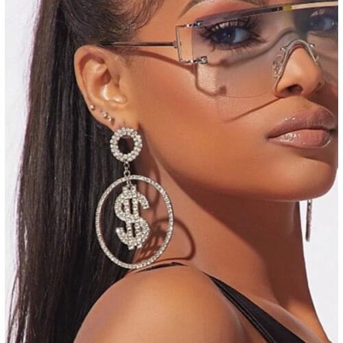 Luxury Rhinestone Earrings Dollar Money Pendant Hanging Dangle Accessories for Women Crystal Round Drop Earrings Jewelry 2021