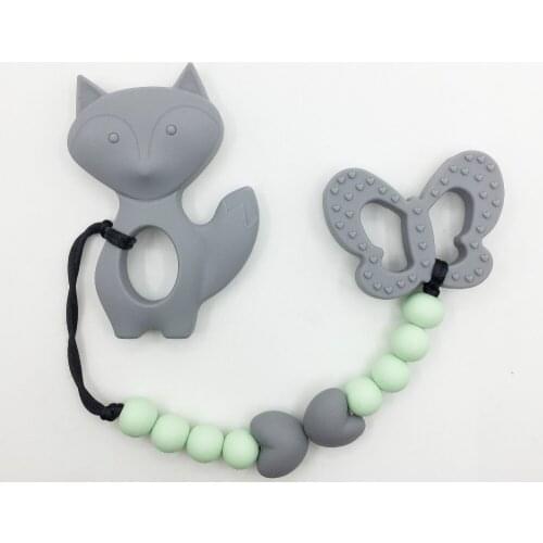Silicone Fox Teether Clip ,baby teether pacifier fox clip Necklace .silicone pacifier clip hold Necklace with butterfly