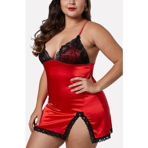 Plus Size Nightwear Lace Sexy Nightdress Set Satin Night Dress Sexy Lingerie Dress Sleepwear Lingerie femme Split Nightgown