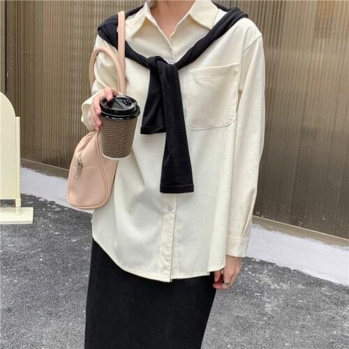 Korean Women Solid Shirt Office Ladies Chic Casual Tops And Shirts Female Long Sleeves Turn-down Collar Blouses