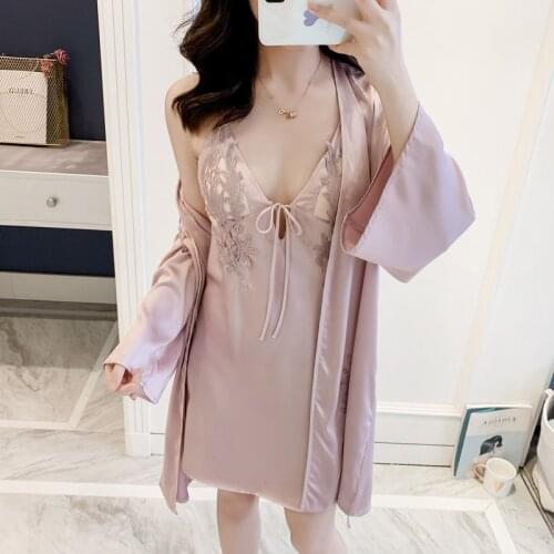 2 Pcs Women Kimono Robe Gown Set Sexy V-Neck Hollow Out Sleepwear Lace Rayon Patchwork Nightwear Autumn Sweet Bow Home Wear