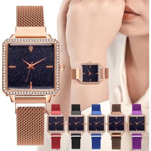 Women Square Watch Luxury Ladies Quartz Rose Gold Magnet Buckle Starry Sky Rhinestone Watches Relogio Feminino For Gift Clocks
