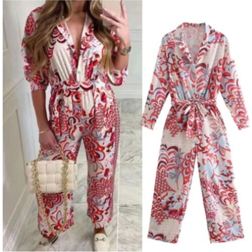 Za 2021 Autumn Sexy Printing Romper Women Elegant V-Neck Long Sleeve High Waist Jumpsuit Female Loose Straight Playsuits Fashion
