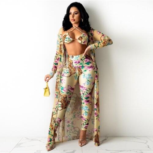 Animal Floral Print Summer 3 Piece Club Outfits for Women Halter Bra Top+pencil Legging+long Sleeve Cover Up Female Swimsuits