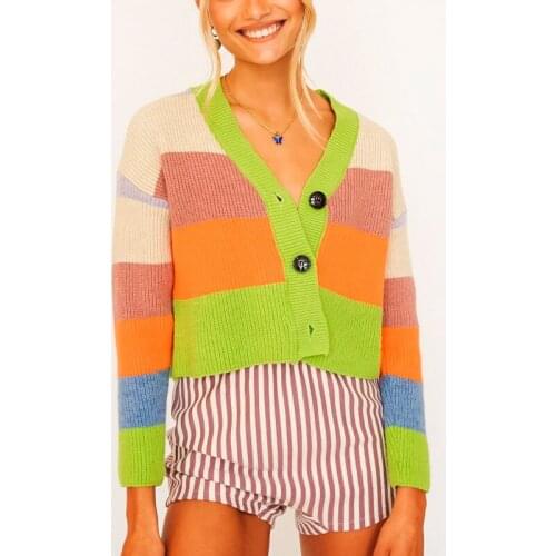 Women Knitted Striped Short Cardigan Sweaters Ladies Cute Coat V Neck Single Breasted Knitwear Sweet Spring Autumn Shawl Sweater