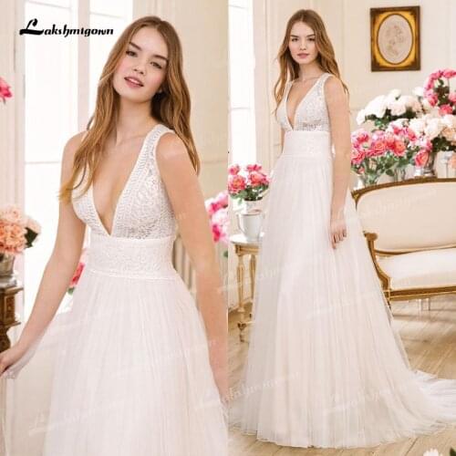 Boho A Line Wedding Dress 2021 Sexy Deep V Neck Lace Bride Dress Lace Appliques Beach Long Tulle Bridal Gown vestido de novia