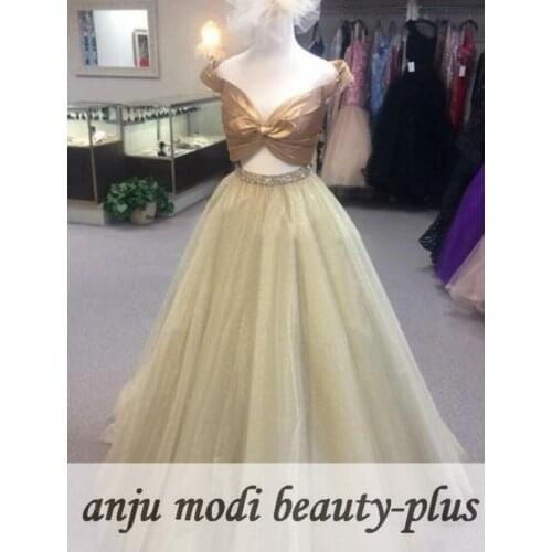 2021 Gold Two Piece Off Shoulder Prom Dresses Long Tulle Beaded Sleeveless Formal Evening Party Ball Gown Robe De Soiree