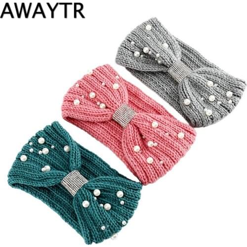 AWAYTR Winter Warmer Ear Knitted Pearl Headband Bow Rhinestone Headwear For Women Girls European Solid Turban Hair Band Head War