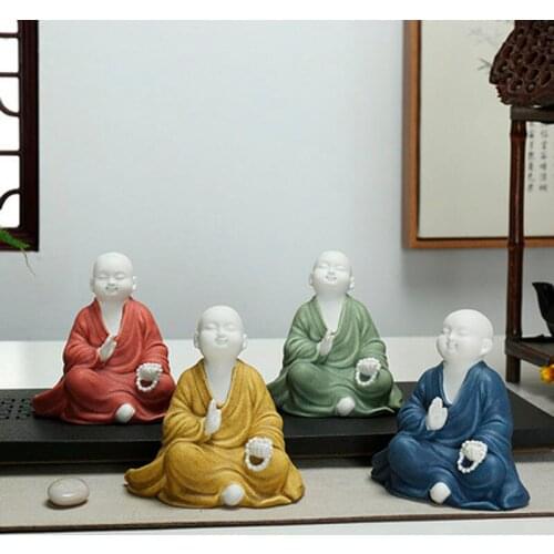 Home Decor Monk Kungfu Statues Buddha Figurines Zen Buda decoration Desk Ornaments Colored sand white porcelain