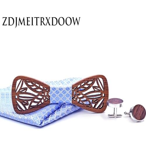 Personality Wood Bow Ties Hanky Set for Mens Wedding Suits Business Wooden Bowtie Hadkerchief Cufflinks Set