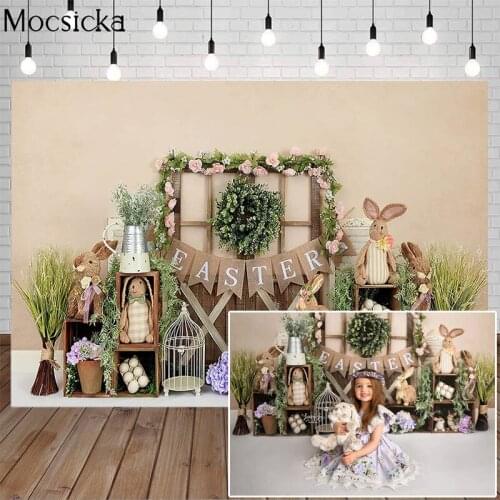 Mocsicka Easter Photography Background Bunny Flower Egg Hay Wooden Door Child Portrait Decoration Prop Backdrop For Photo Studio