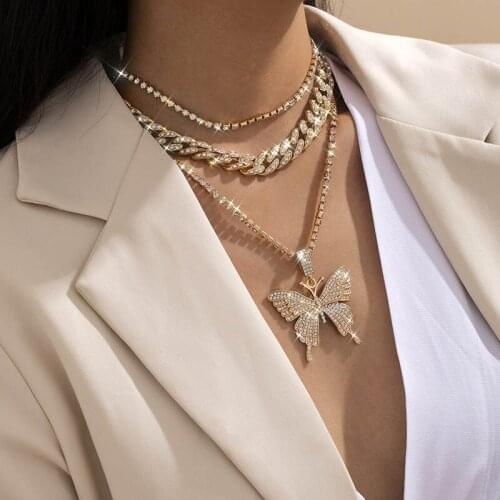 Fashion Luxury Rhinestone Butterfly Pendant Necklace for Women Exaggerated Statement Cuban Thick Chain Necklaces Jewelry Gift