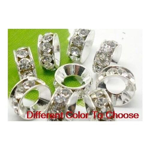 Can choose color 10mm white mixed multicolor Rhinestone Crystal Rondelle Spacer Beads Lot silver Plated Big Hole European Beads