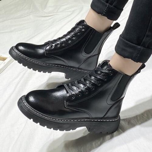 Autumn Winter Fashion Mens Ankle Boots Lace Up Round Head Mens Martin Boots Black Mid Heel Square Heel PU Leather Men Shoes