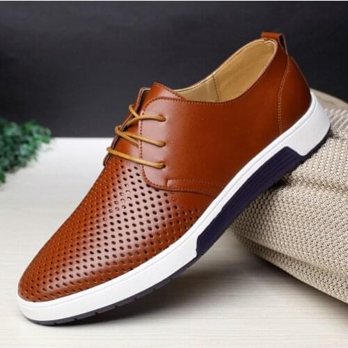 QWEDF New 2019 Men Casual Shoes Leather Summer Breathable Holes Luxury Brand Flat Shoes for Men Drop Shipping F1-06
