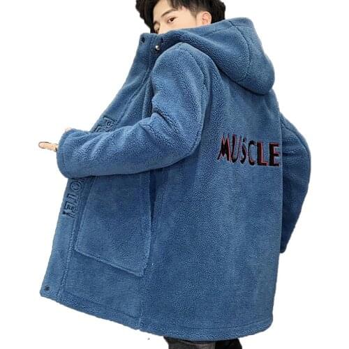 Autumn and Winter Lamb Wool Extremely Cold Warm Coat Fleece-Lined Thick Mid-Length Windbreaker Mens Polar Fleece Hooded