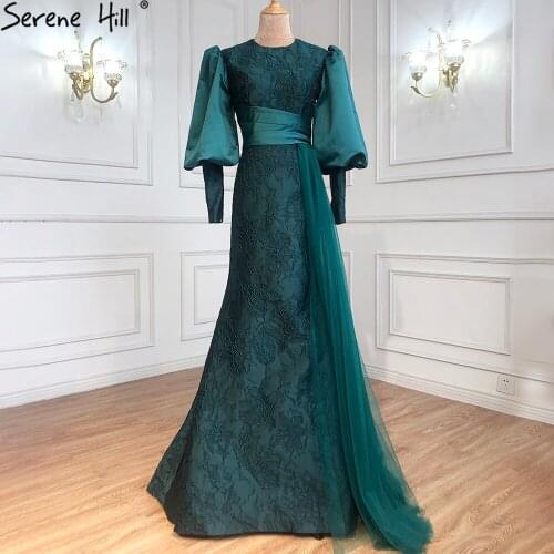 Serene Hill Muslim Green Lantern Sleeves Evening Dresses Gowns 2021 Mermaid Elegant For Women Party LA71160