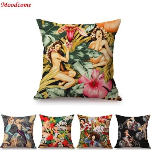 Tropical Leaves Flowers Floral Sexy Nude Girl Lady Cowgirl Hawaii Stylish Summer Sofa Decoration Pillow Case Linen Cushion Cover