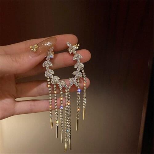 IOY IRENE S925 Needle Crystal Chain Olive Branch Earclips Earrings Women Trendy Elegant Asymmetric Earrings Fashion Jewelry
