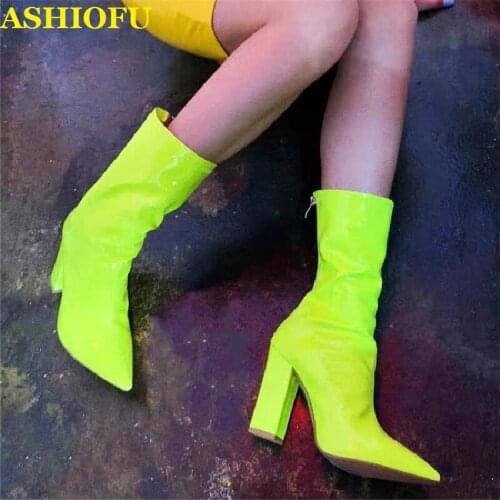 ASHIOFU Handmade Women Chunky Heel Boots Bright Sexy Club Party Prom Ankle Boots Large Size Evening Fashion Short Boots 3-colors