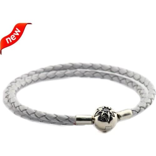 Genuine 925 Sterling Silver Starry Sky Clasp White Leather Bracelets for Women DIY Charms Jewelry Making pulseras Wholesale