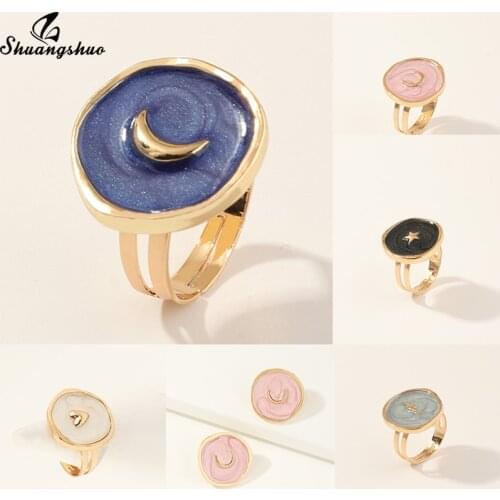 Gothic Punk Moon Open Rings For Women Enamel Gold Alloy Oval Shape Single Star Rings Statement Ring Fashion Jewelry