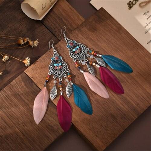 Hippie Womens Geometric Alloy Long Tassel Dangle Earrings Bohemian Boho Jewelry Colorful Feather Earrings Brincos Bijoux