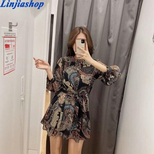 New Women Vintage Totem Flower Print Mini Shirt Dress Female Agaric Lace Chic Bow Tied Sashes Casual Court Vestido