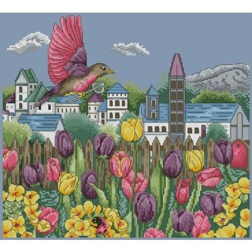Gold Collection Beautiful Counted Cross Stitch Kit Bird and Tulip Flower Flowers Field Land Free Flight Birds