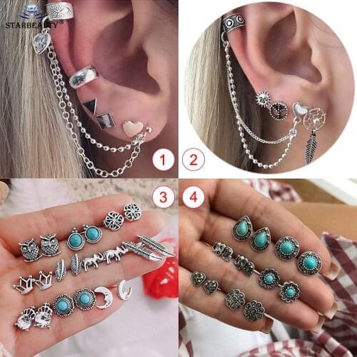 1Set Vintage Green Nature Stone Fake Piercing Long Tussal ear Helix Cartilage earring Fake Tragus Piercing Body Jewellery