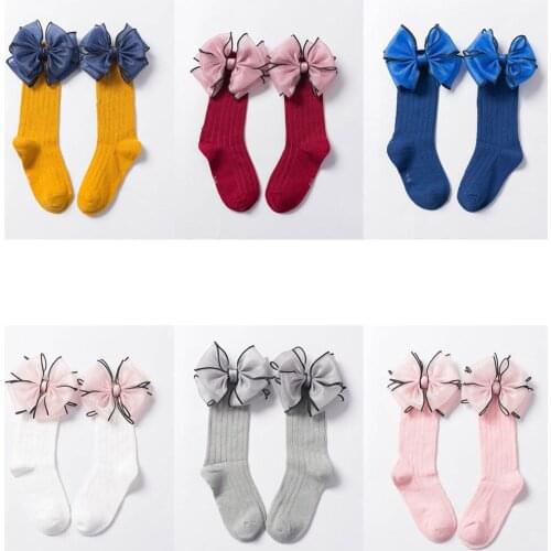 2020 New Style Causal Kids Baby Girls Ribbed Stocking Big Chiffon Bowknot Solid Cotton Knit Autumn Winter Dance Long Stocking