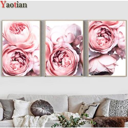 3pcs DIY Diamond Painting Pink Flower Mosaic Cross Stitch Full Square Drill Diamond embroidery Blush Pink Peonies Wall Art Peony