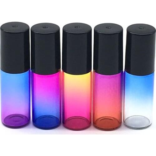 5pcs 5ml Gradient Colorful Roll On Glass Bottle Empty Fragrance Essential Oil Perfume Sample Roller Bottle Black Cap